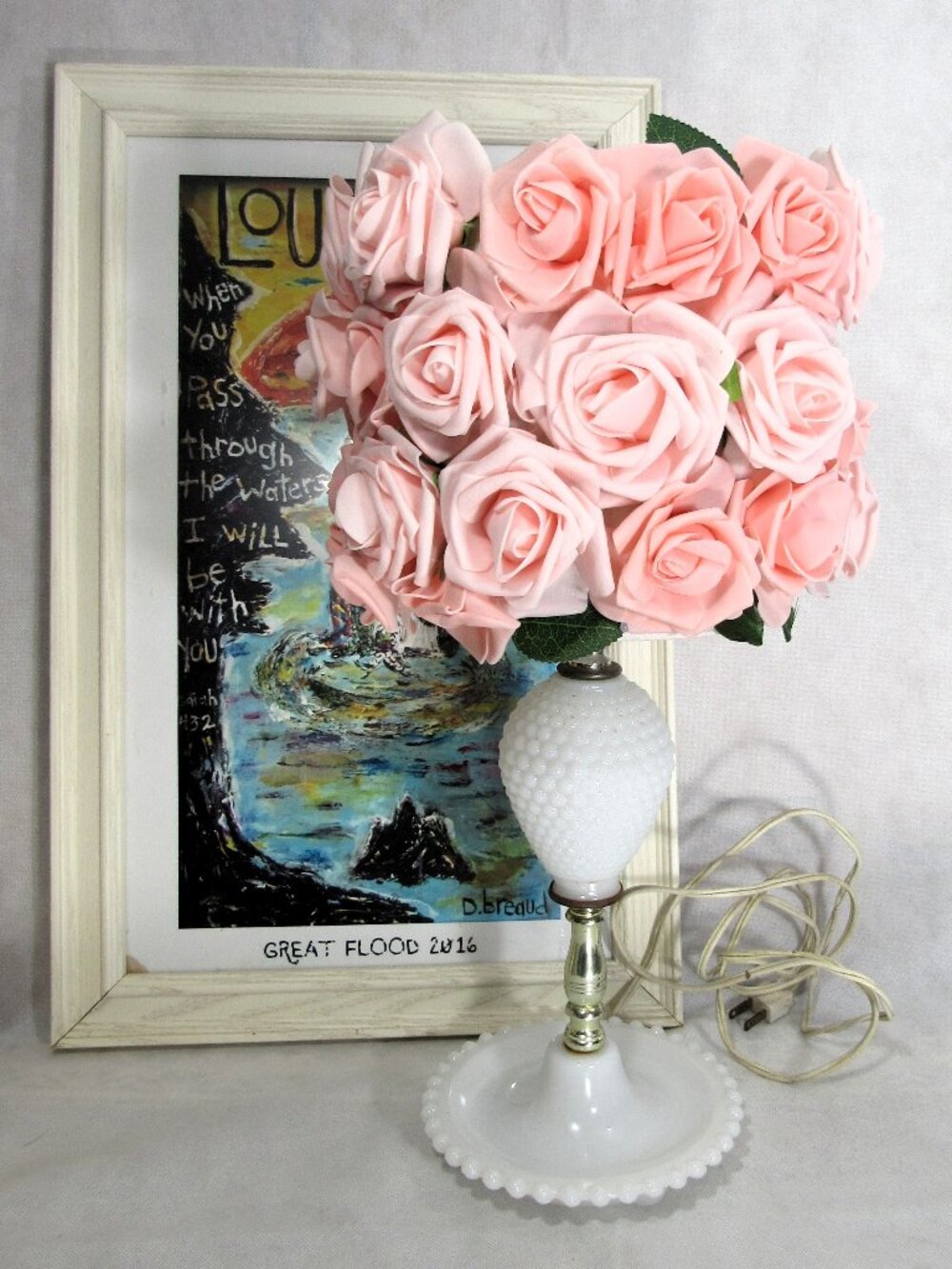 SHABBY CHIC MID CENTURY MILK GLASS BOUDOIR LAMP WITH ROSE SHADE 18"